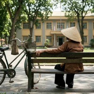A old Vietnamese woman resting on a bench next to her bicycle