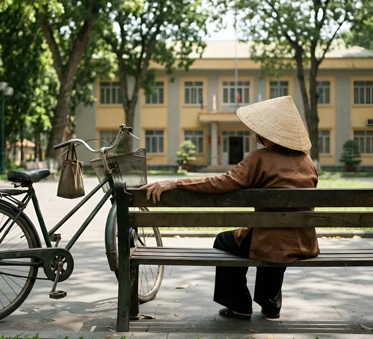 A old Vietnamese woman resting on a bench next to her bicycle