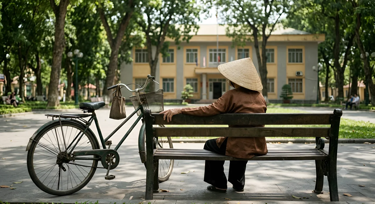 A old Vietnamese woman resting on a bench next to her bicycle