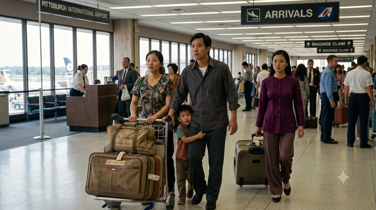 A new Vietnamese refugee arrived at the Pittsburgh Airport
