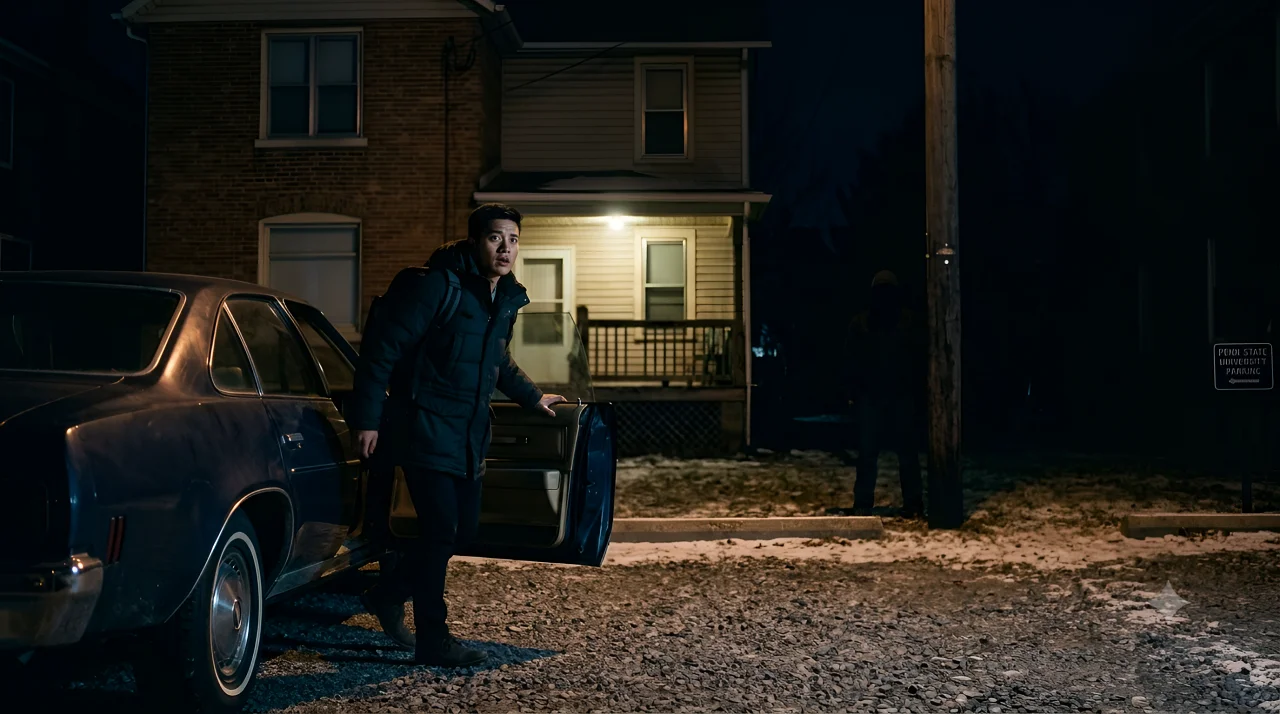 A man stepped out of his car and was startled by a holdup voice in the dark.