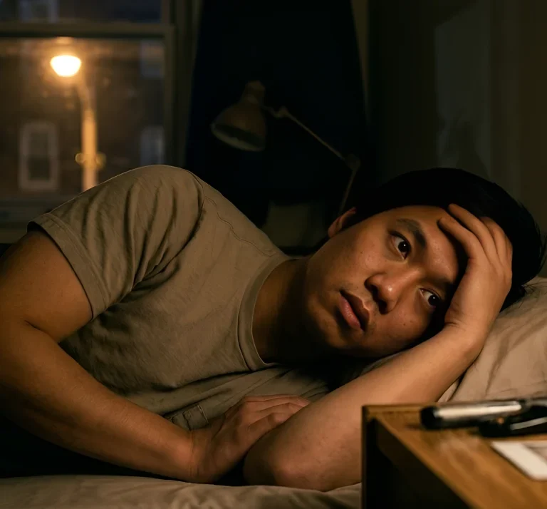 A man in his bed thinking about getting married or not