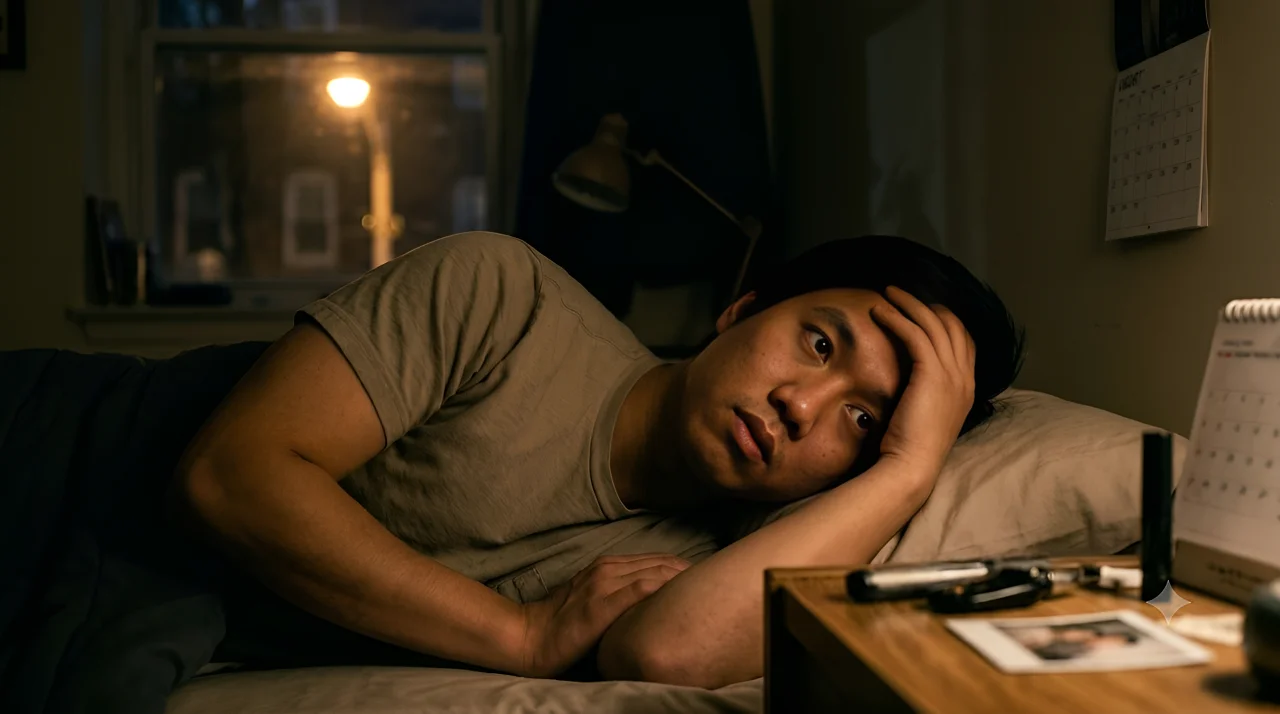 A man in his bed thinking about getting married or not