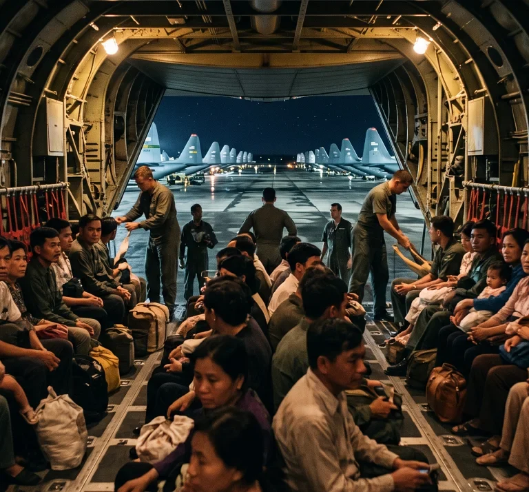Vietnamese refugees boarding a C-130 US cargo plane at Guam Airbase
