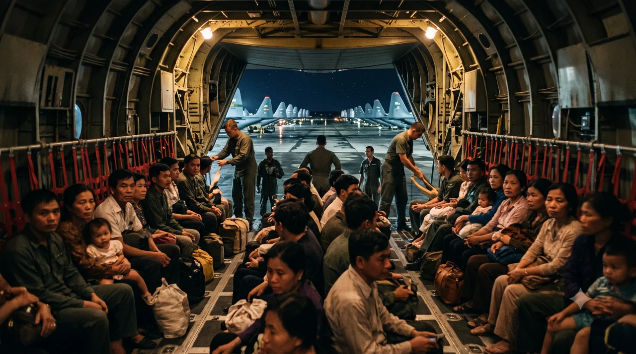 Vietnamese refugees boarding a C-130 US cargo plane at Guam Airbase