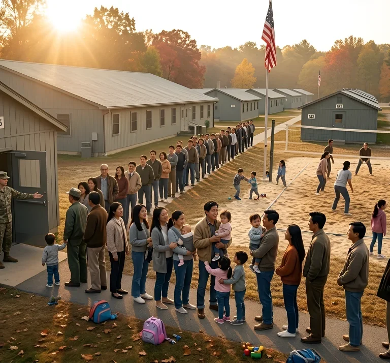 Indiantown Gap - Refugees inline waiting for their meals