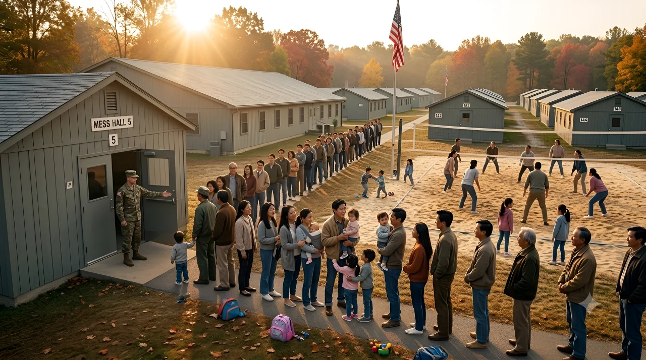 Indiantown Gap - Refugees inline waiting for their meals