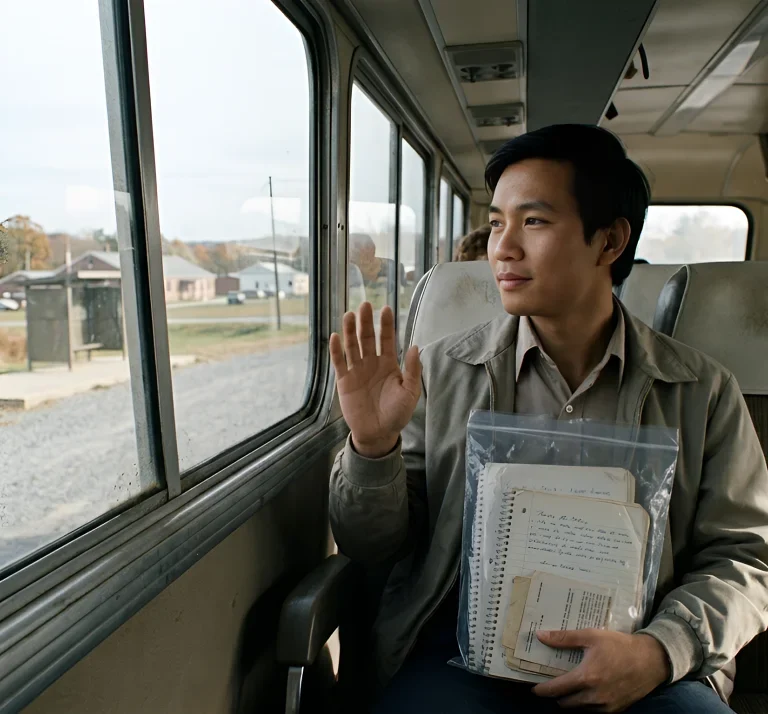 A Vietnamese refugee on a Greyhound bus waived goodbye
