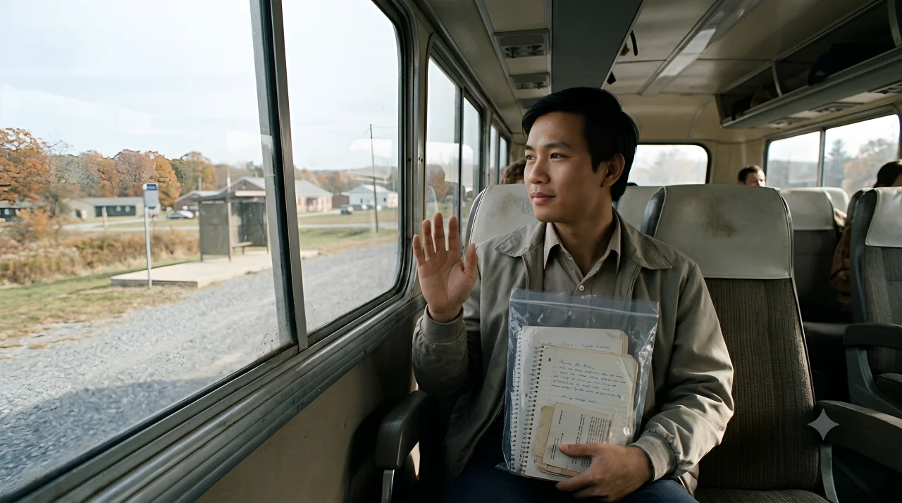 A Vietnamese refugee on a Greyhound bus waived goodbye