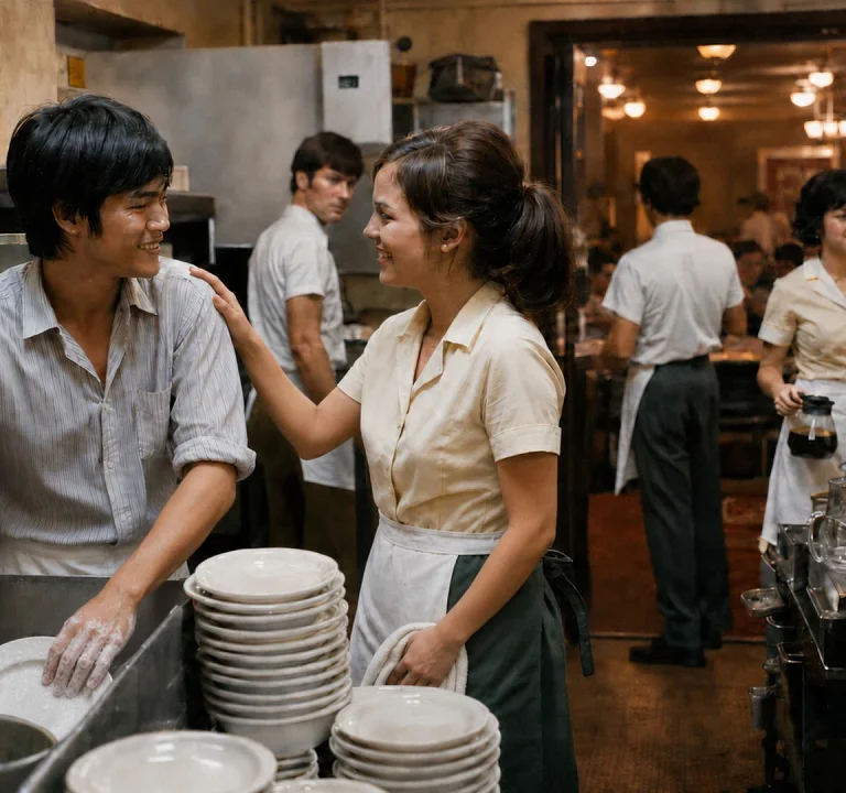 A Vietnamese refugee washed dishes on his first day of work at Oakhurst Tea Room