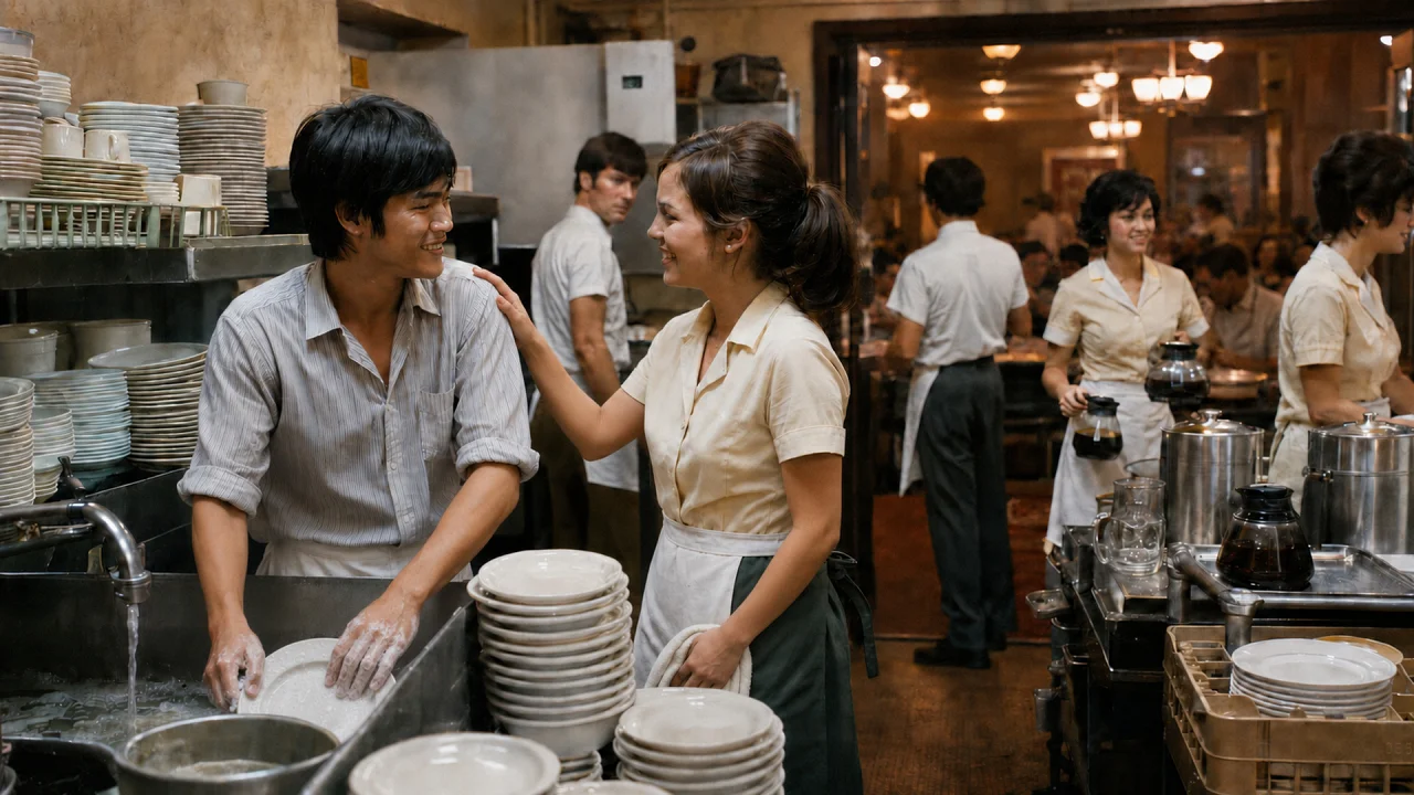 A Vietnamese refugee washed dishes on his first day of work at Oakhurst Tea Room