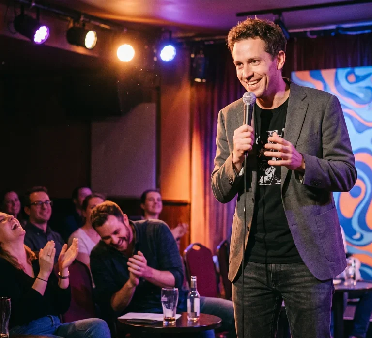 A comedian telling jokes on stage