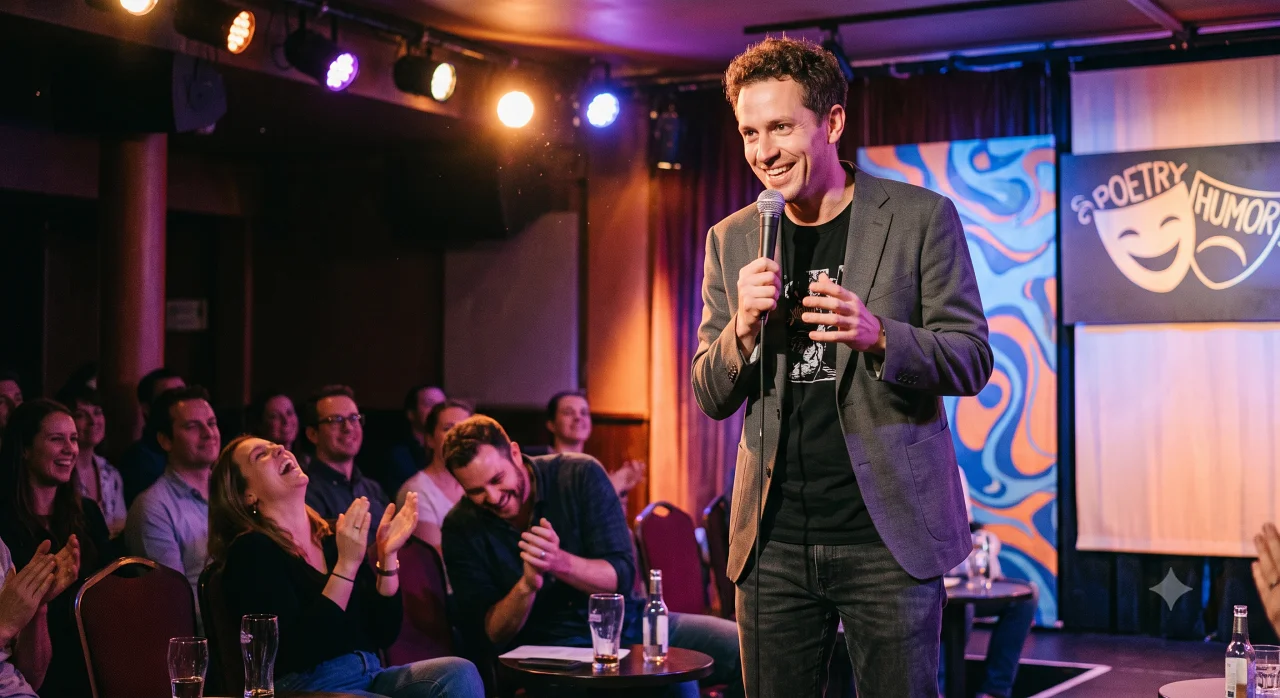 A comedian telling jokes on stage