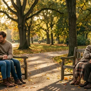 Two couples and and old holding hands while seating on their benches in a park full of fallen leaves