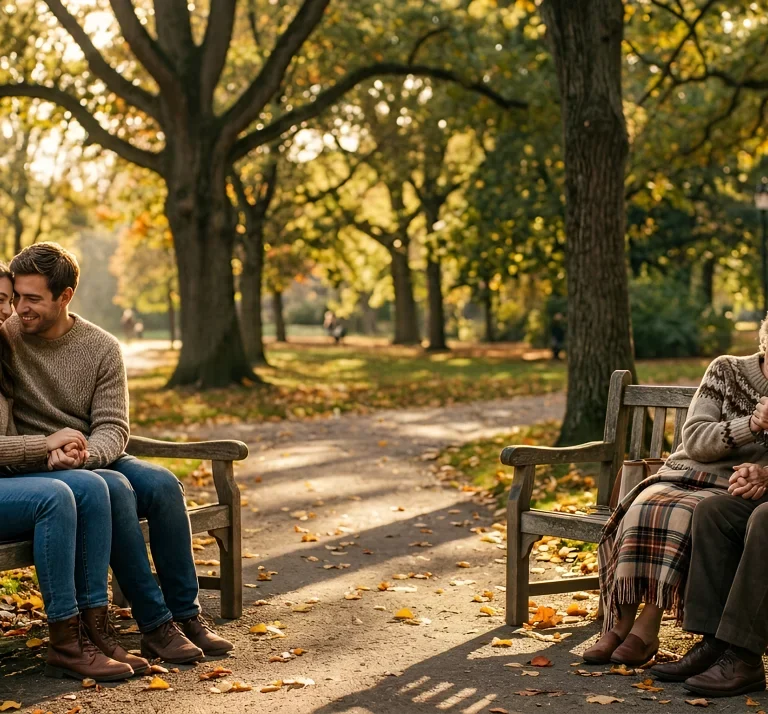 Two couples and and old holding hands while seating on their benches in a park full of fallen leaves