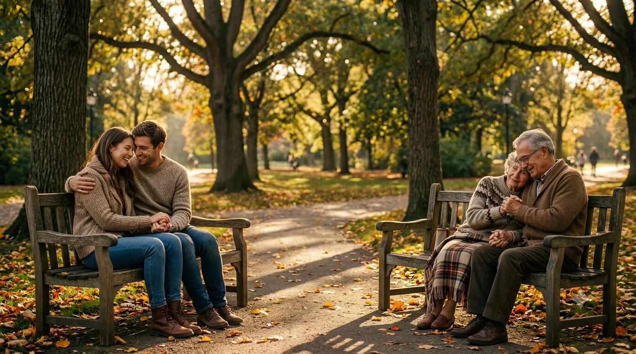 Two couples and and old holding hands while seating on their benches in a park full of fallen leaves