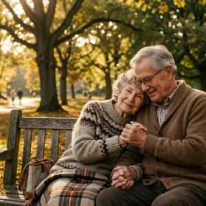 An old couple seating on a bench in a part, holding hands in a loving way