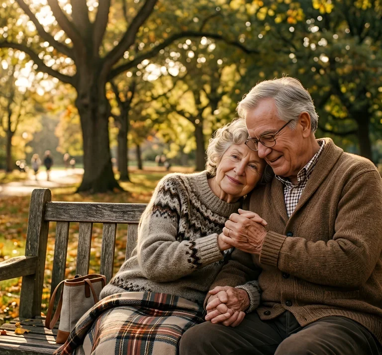 An old couple seating on a bench in a part, holding hands in a loving way