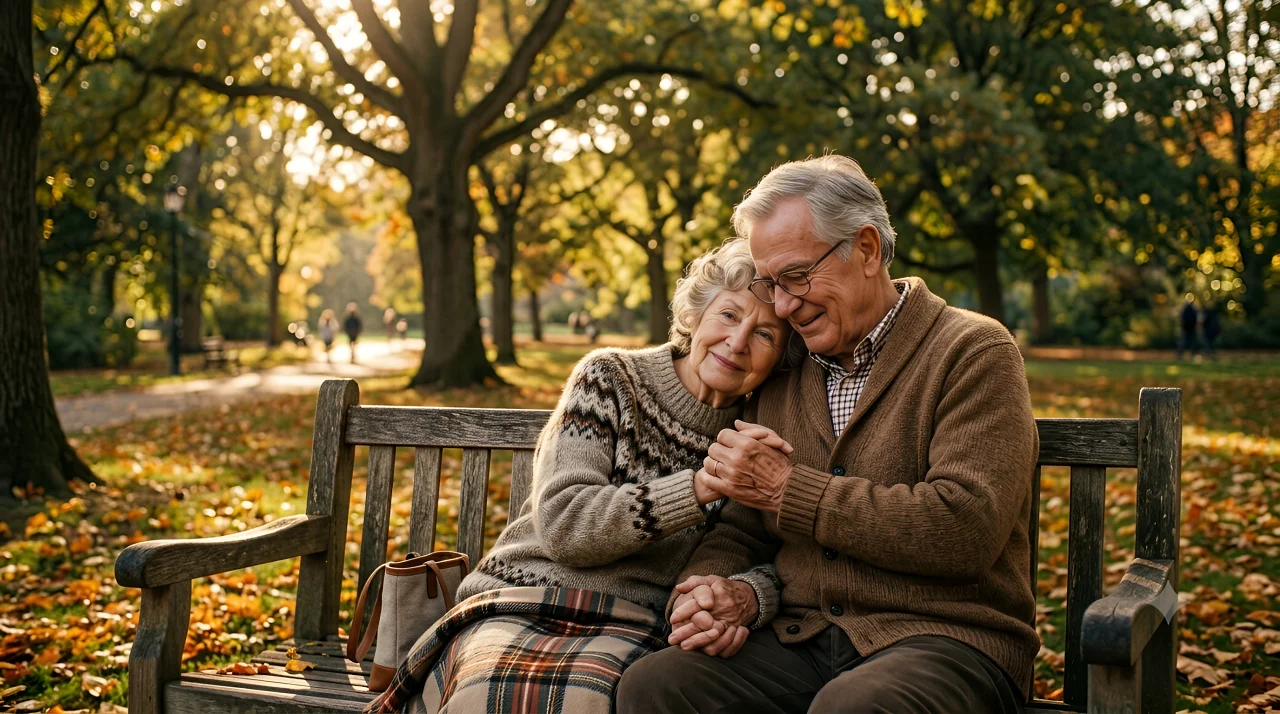 An old couple seating on a bench in a part, holding hands in a loving way