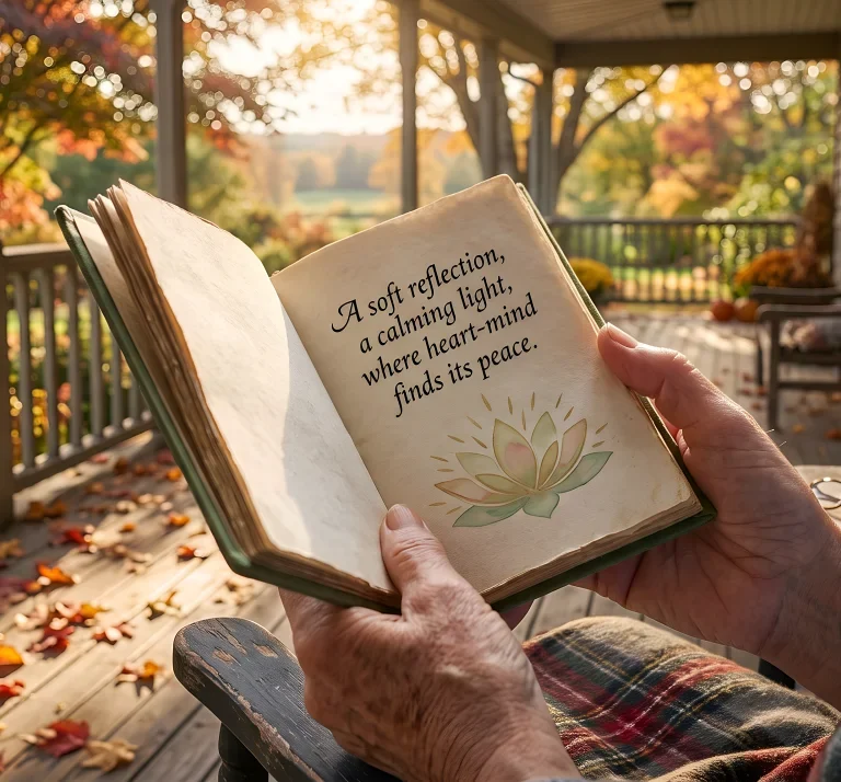 An old person reflecting on life while seating in the porch reading a book