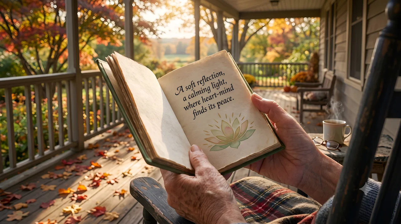 An old person reflecting on life while seating in the porch reading a book