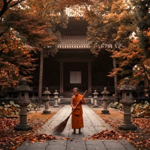 A novice Buddhist monk sweeping leaves in the courtyard in front of the temple