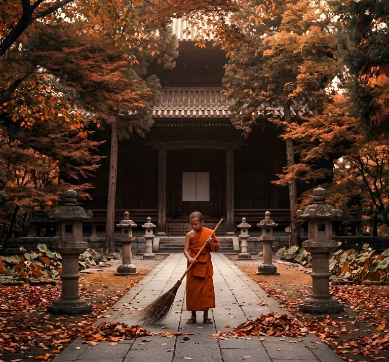 A novice Buddhist monk sweeping leaves in the courtyard in front of the temple