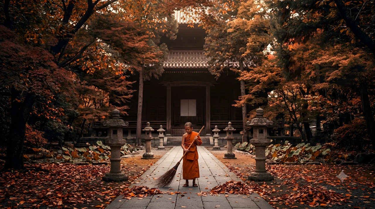 A novice Buddhist monk sweeping leaves in the courtyard in front of the temple
